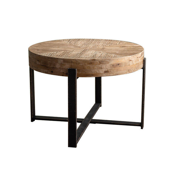 Traditioneller runder Vintage-Couchtisch aus MDF-Holz mit Used-Look und Eisen-Kreuzbeinen für das Wohnzimmer 