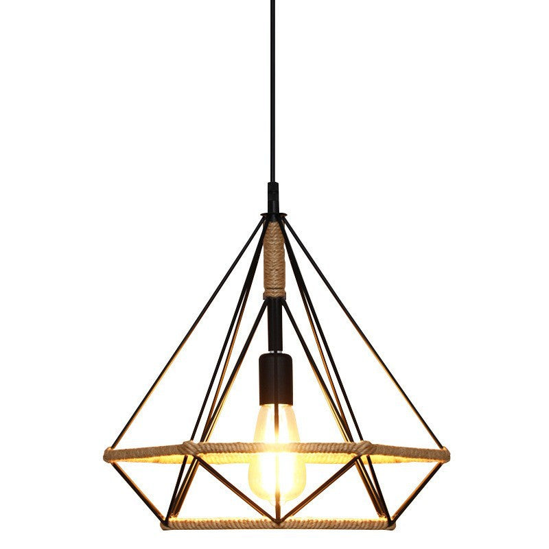 Luz colgante de 1 luz con hoja de sakura de diamante de vegetación simulada de cuerda de cáñamo de hierro retro contemporáneo para comedor 