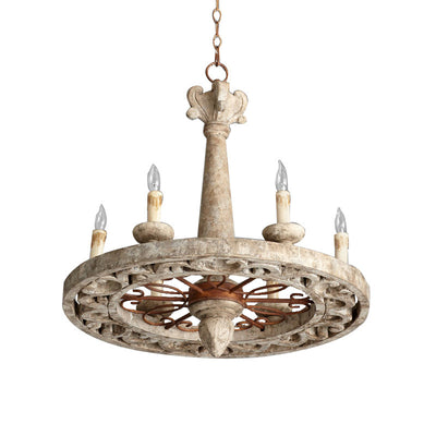 Candelabro redondo de hierro con 6 luces de estilo rústico de granja con madera envejecida para sala de estar 