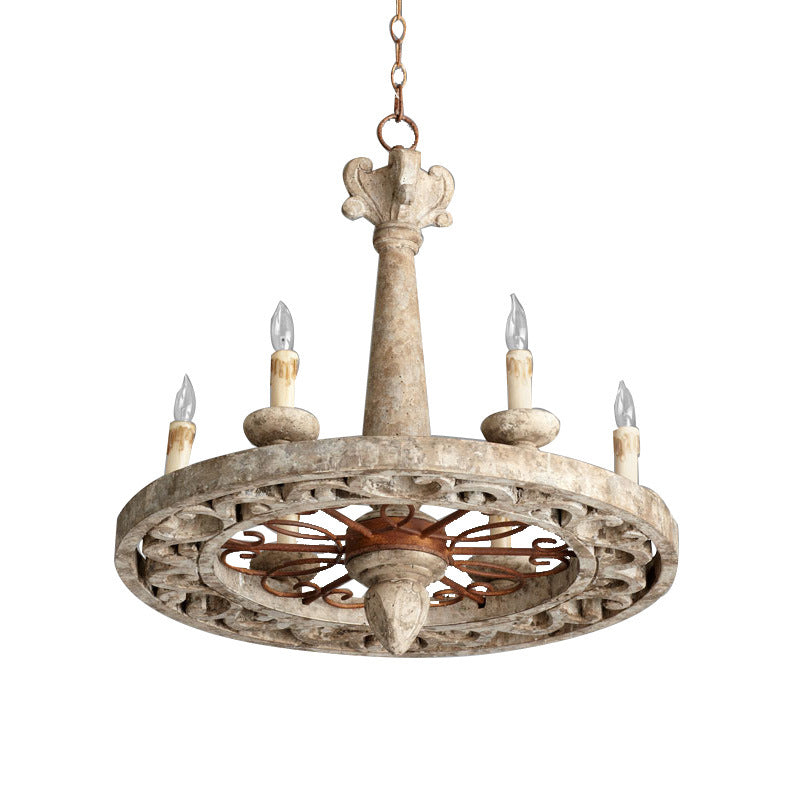 Candelabro redondo de hierro con 6 luces de estilo rústico de granja con madera envejecida para sala de estar 