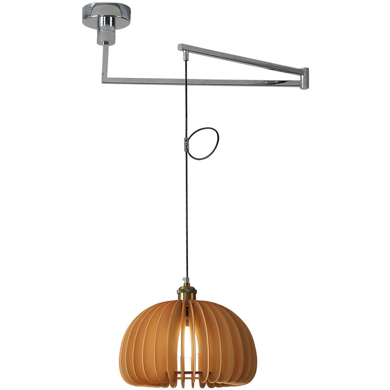 Traditional Vintage Wooden Pumpkin Shade Rocker Arm Telescopic 1-Light Pendant Light For Dining Room