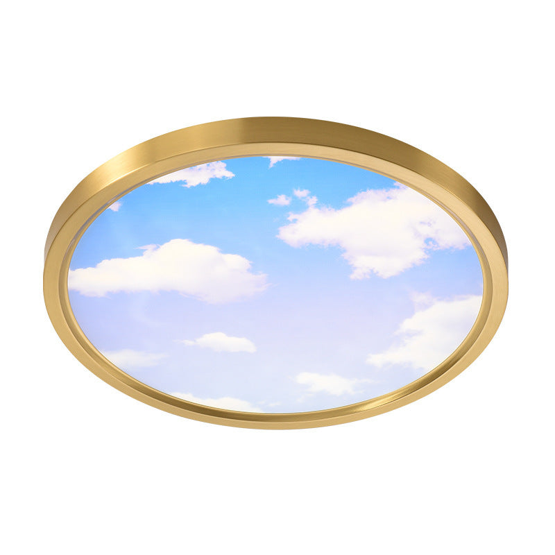 Moderne Einfachheit Vollkupfer Blauer Himmel Wolken Design Runder Acrylschirm LED Deckenleuchte für Wohnzimmer 