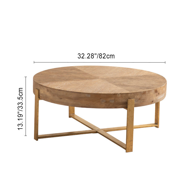 Traditioneller runder Vintage-Couchtisch aus MDF-Holz mit Used-Look und Eisen-Kreuzbeinen für das Wohnzimmer 