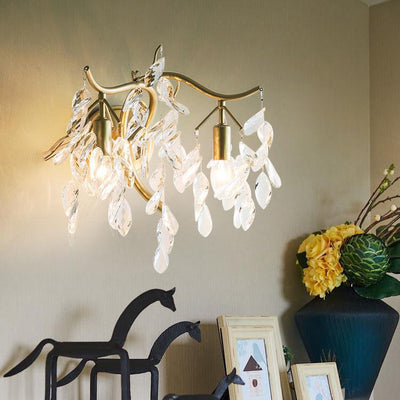 Traditionelle französische Blatt Eisen Kupfer Kristall 2-Licht Wandleuchte Lampe für Wohnzimmer 