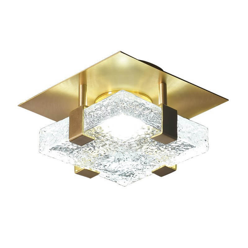 Modern Light Luxury Copper Cube Water Pattern Glass LED Semi-Flush Mount Ceiling Light