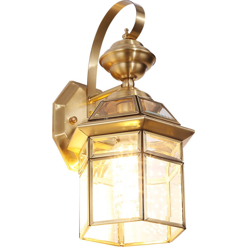 Traditional European Outdoor Hexagonal Cage Glass Copper 1-Light Waterproof Wall Sconce Lamp For Outdoor