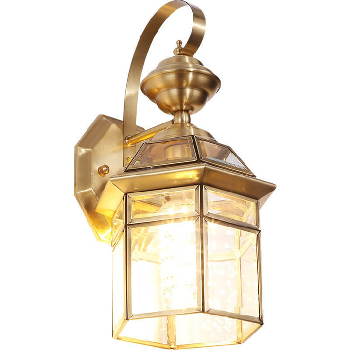 Traditional European Outdoor Hexagonal Cage Glass Copper 1-Light Waterproof Wall Sconce Lamp For Outdoor
