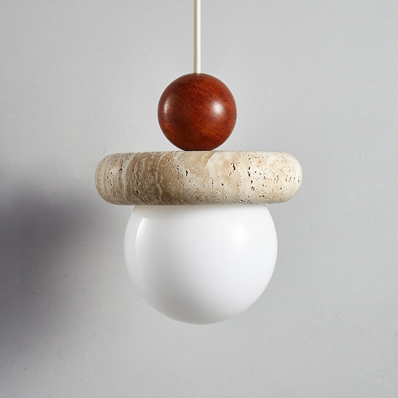 Traditional Japanese Wabi Sabi Solid Wood Travertine Round 1-Light Pendant Light For Living Room