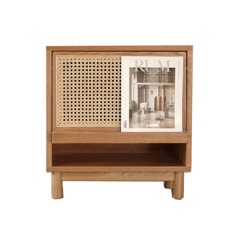 Zeitgenössischer nordischer rechteckiger Holz-Rattan-Beistelltisch mit 1 Schublade für das Wohnzimmer 