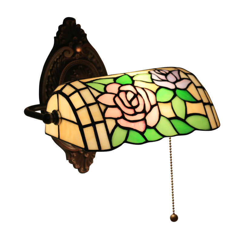 Traditional Vintage Tiffany Floral Stained Glass 1-Light Zipper Wall Sconce Lamp For Living Room