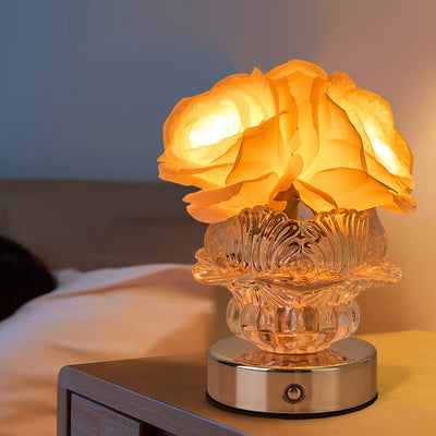 Moderne dekorative Rosenmetall-Glas-LED-Tischlampe 