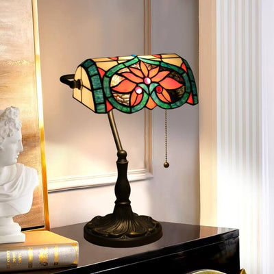 Tiffany Vintage Floral Peach Heart Stained Glass 1-Light Bank Table Lamp