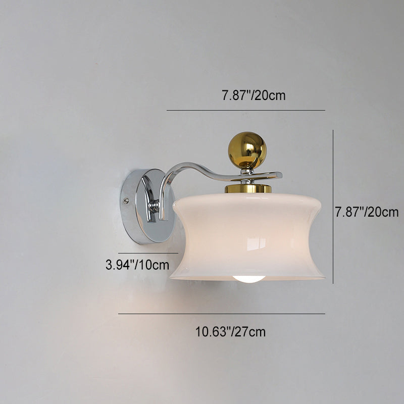 Contemporary Scandinavian Glass Drum Iron Wave Arm 1-Light Wall Sconce Lamp For Bedroom