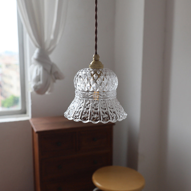 Traditionelle französische Pendelleuchte in Blumenform aus Messing mit kariertem Glas und 1 Licht für das Wohnzimmer 