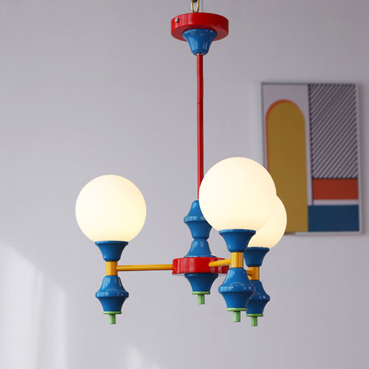 Zeitgenössischer nordischer Kronleuchter mit Eisenrahmen und Glaskugelschirm, 3/5 Lichter, für Wohnzimmer 