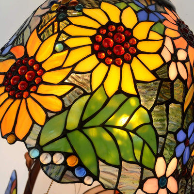 Tiffany Pastoral Double Butterfly Sunflower Stained Glass 2-Light Table Lamp