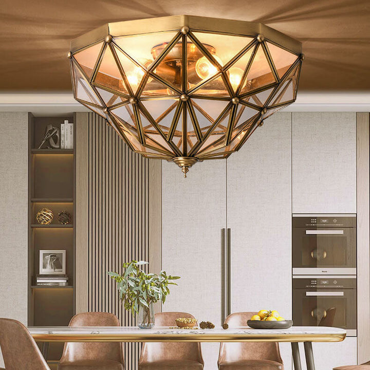 Traditionelle europäische halbrunde geometrische Deckenleuchte aus Kupferglas mit 5 Lichtern 