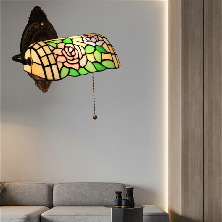 Traditional Vintage Tiffany Floral Stained Glass 1-Light Zipper Wall Sconce Lamp For Living Room
