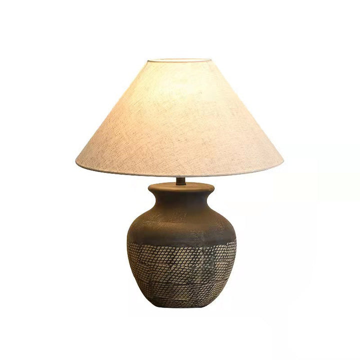 Traditional Japanese Cone Fabric Round Ceramic Jar Base 1-Light Table Lamp For Bedroom