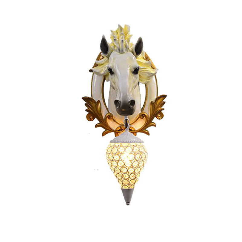 Modern Eclectic Resin Horse Head Decor Crystal Round Shade 1-Light Wall Sconce Lamp For Living Room