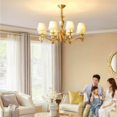 Traditional Vintage Round Trapezoidal All Copper Fabric 3/6/8/10 Light Chandelier For Living Room