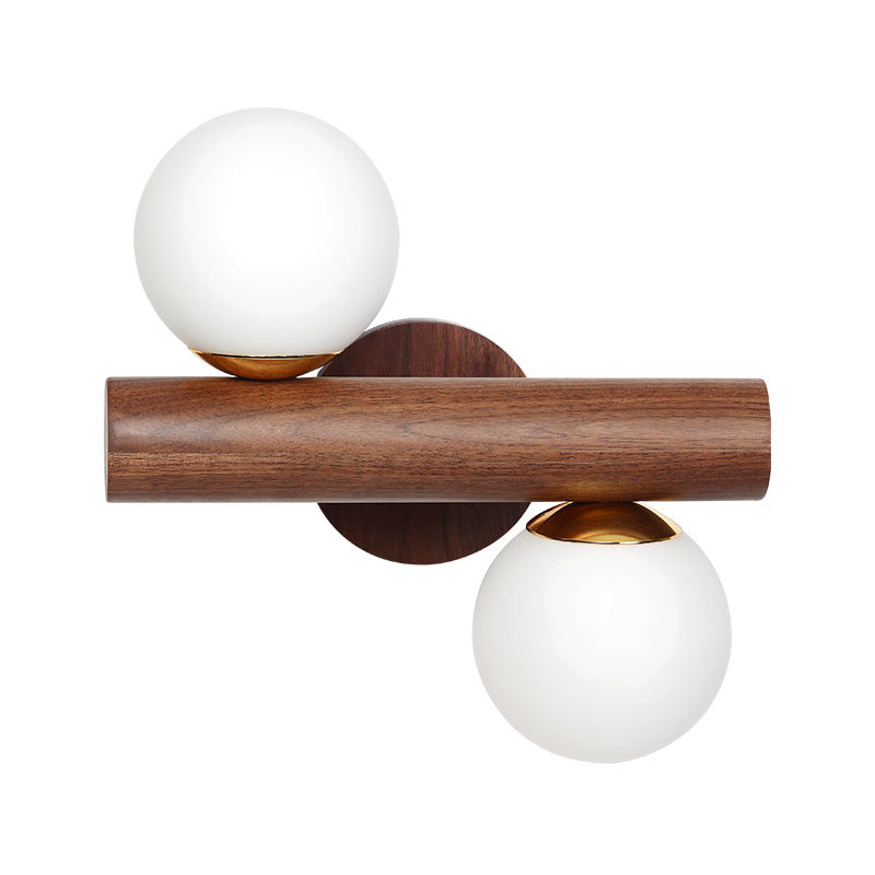 Traditional Japanese Metal Rubber Wood Walnut Glass Cylinder Strip Ball 2-Light Wall Sconce Lamp For Bedside