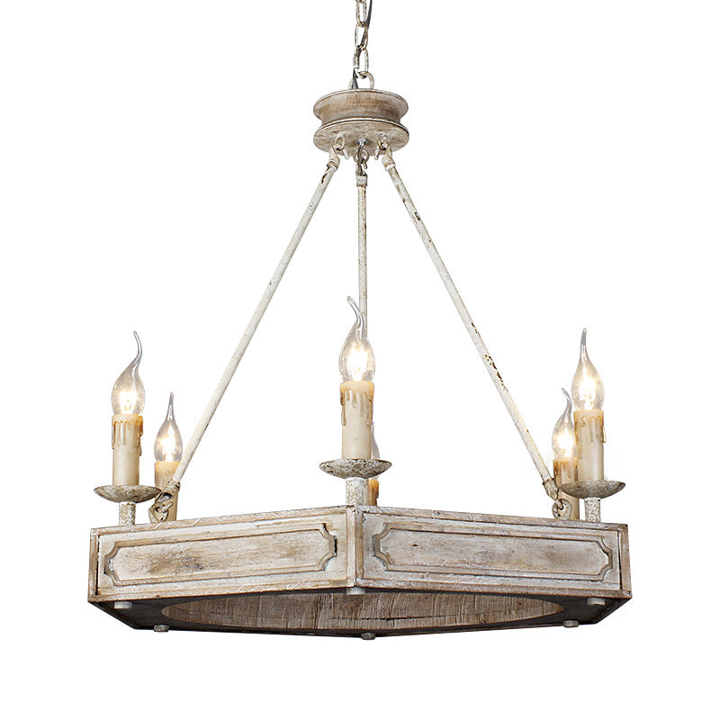 Chandelier hexagonal en fer à 6 lumières avec poutre en bois sculptée blanche rustique traditionnelle pour salon