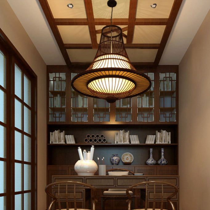 Suspension Luminaire en Bambou Tressé Japonais Traditionnel à 1 Lumière pour Salon 