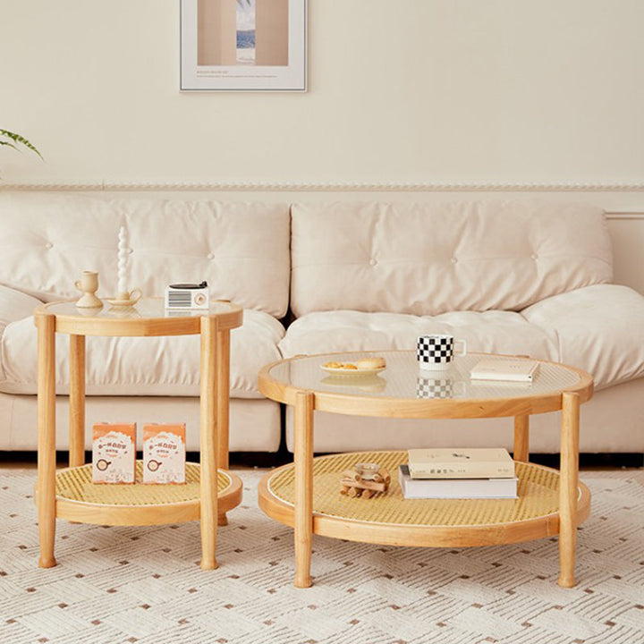 Table basse ronde minimaliste moderne en hévéa avec plateau en verre et faux rotin, à 2 niveaux, pour salon 