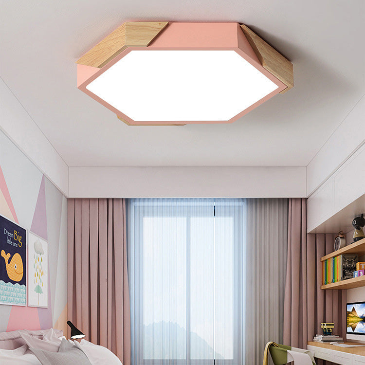Zeitgenössische skandinavische sechseckige Holzmaserung Eisen LED Unterputz Deckenleuchte für Schlafzimmer 
