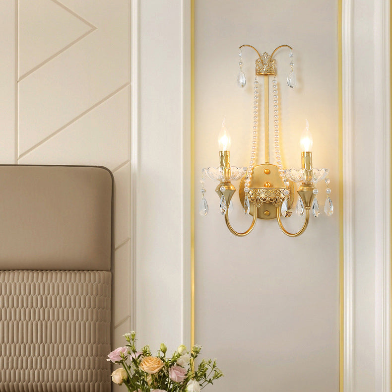 Zeitgenössische Luxus Eisen Kristall Perle Teardrop Anhänger Kerzenhalter 2-Licht Wandleuchte Lampe für Wohnzimmer 