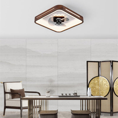 Modern Chinese Walnut Round Square Acrylic LED Flush Mount Ceiling Fan Light