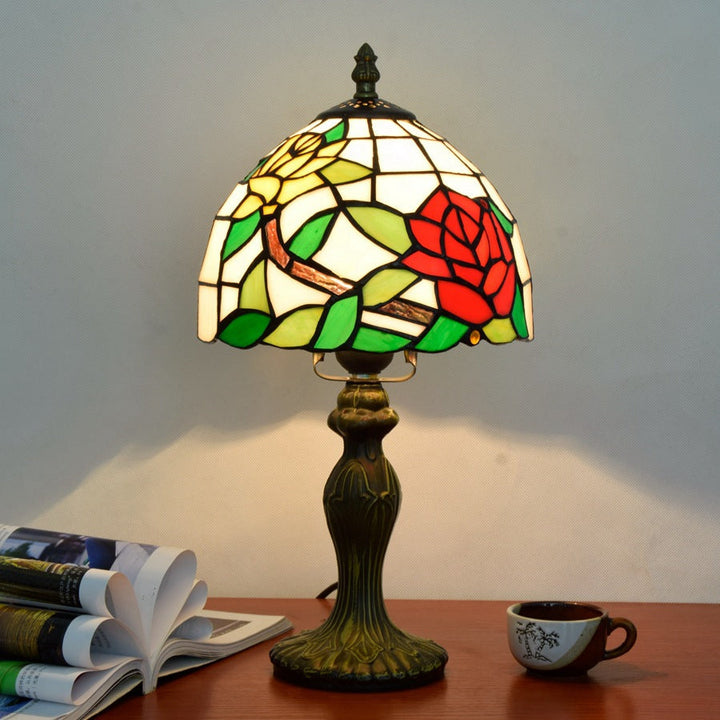 Lampe de Table à 1 Lumière avec Dôme en Cône Fleur de Rose en Verre Stainé Traditionnel Tiffany pour Chambre 