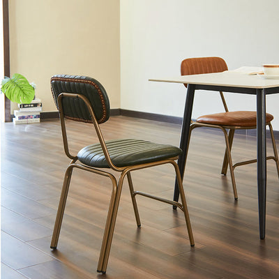 Chaise de salle à manger contemporaine en cuir industriel avec dossier et repose-pieds en fer carré à rayures elliptiques 