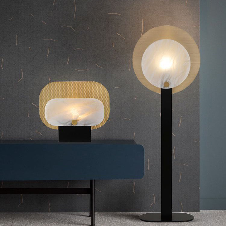 Lampe de table moderne Art déco rectangle arrondi en marbre avec abat-jour en métal à 1 lumière pour chambre à coucher 