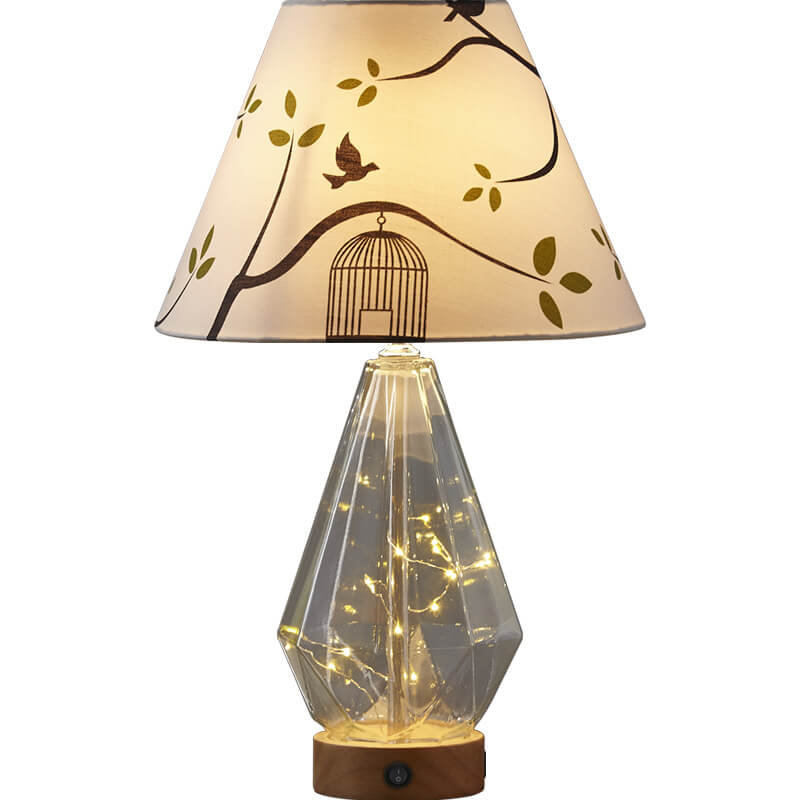Traditional Rustic Fabric Glass Solid Wood Rhombus 1-Light Table Lamp For Bedroom