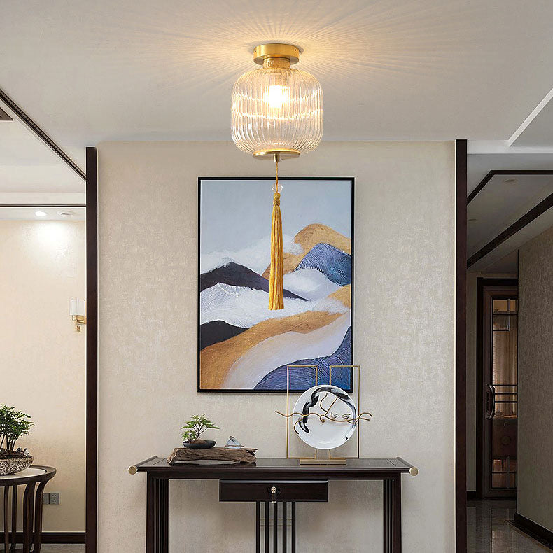 Traditionelle chinesische Laterne, sphärisches Kupferglas, 1-flammig, halbbündige Deckenleuchte für Schlafzimmer 