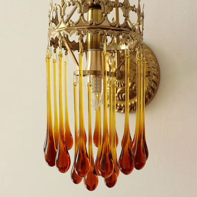 French Romantic Brown Water Drop Glass 1-Light Wall Sconce Lamp