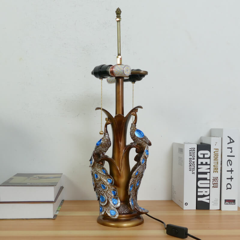 Traditional Tiffany Stained Glass Resin Dome Peacock Base 2-Light Table Lamp For Bedroom
