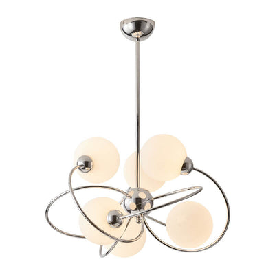 Moderner Mid-Century Kronleuchter mit milchweißem Glasball und Chromring, 6-Licht für Wohnzimmer 