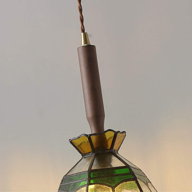 Traditionelle Vintage Blumenform Holz Glas 1-Licht Pendelleuchte für Wohnzimmer 