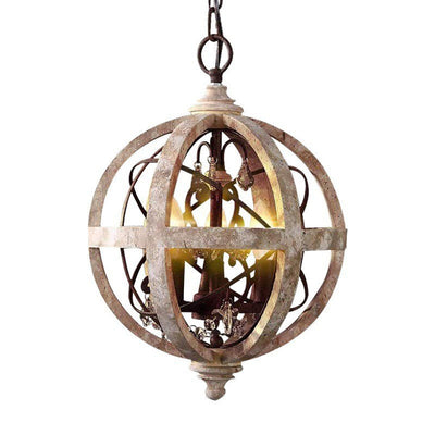 Lustre Rustique Traditionnel en Bois Vieilli avec Sphère en Cristal 4/5 Lumières pour Salon 
