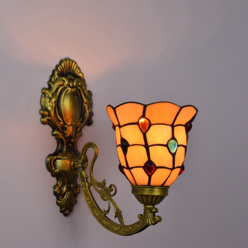 Traditionelle Tiffany Eisen Kristall Glasmalerei Blume 1-Licht Wandleuchte Lampe für Wohnzimmer 