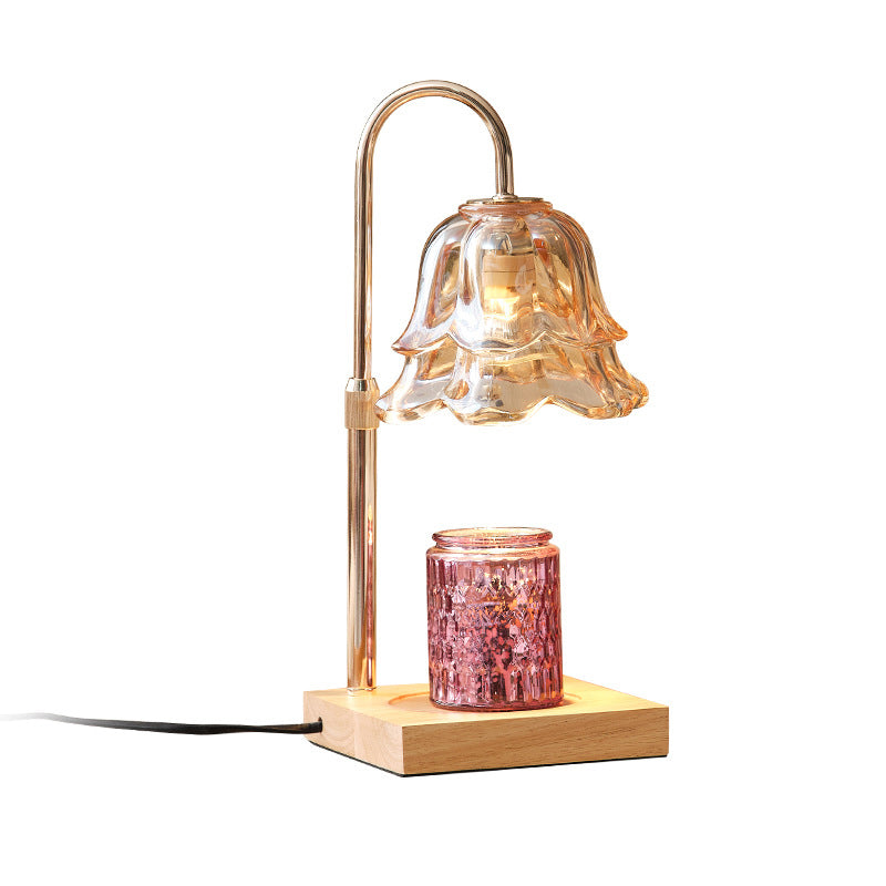 Modern Art Deco Floral Glass Metal Wood 1-Light Melting Wax Table Lamp For Bedroom