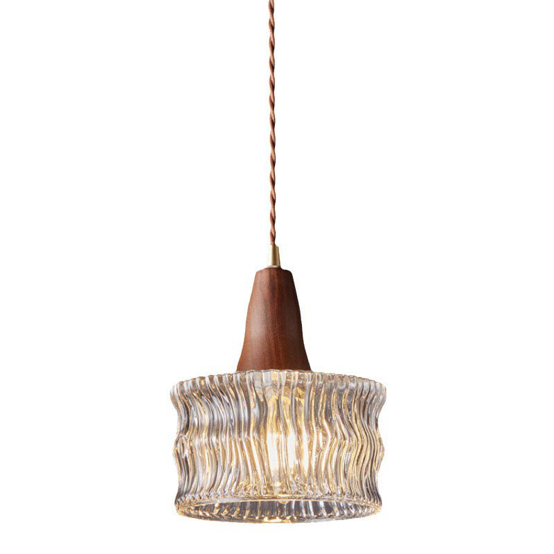Moderne Übergangswalnuss Messing Runde Glasschirm 1-Licht Pendelleuchte Für Wohnzimmer 