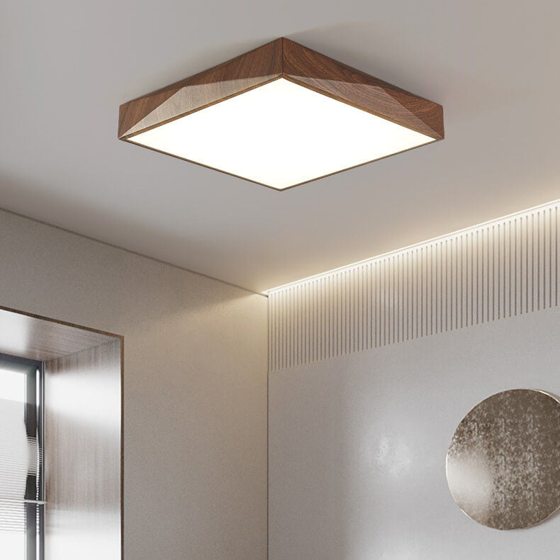 Modern Minimalist Wood Grain Iron Acrylic Square Geometry LED Flush Mount Ceiling Light for Living Room