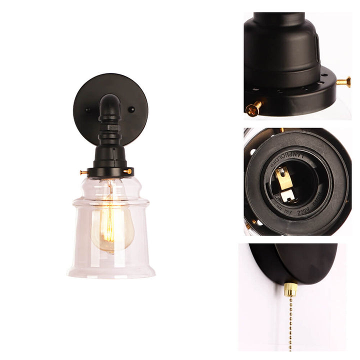 Contemporary Industrial Clear Glass Bell Pipe Iron 1-Light Wall Sconce Lamp For Bedroom