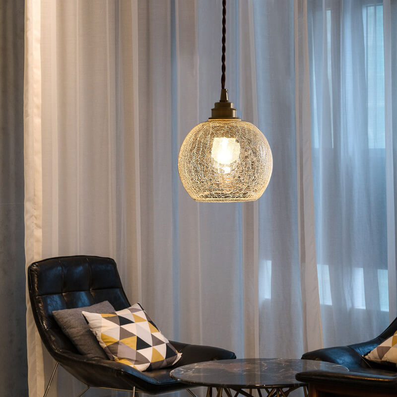 Traditional Vintage Round Crackle Glass Brass Iron 1-Light Pendant Light for Living Room