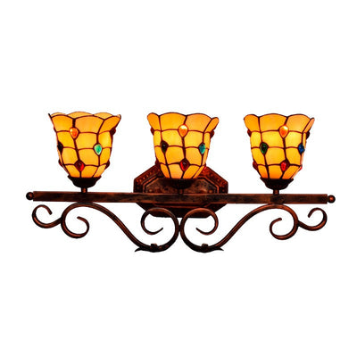 Traditional Tiffany Stained Glass Cup Shade Iron 3-Light Vanity Mirror Front Wall Sconce Lamp For Bedroom