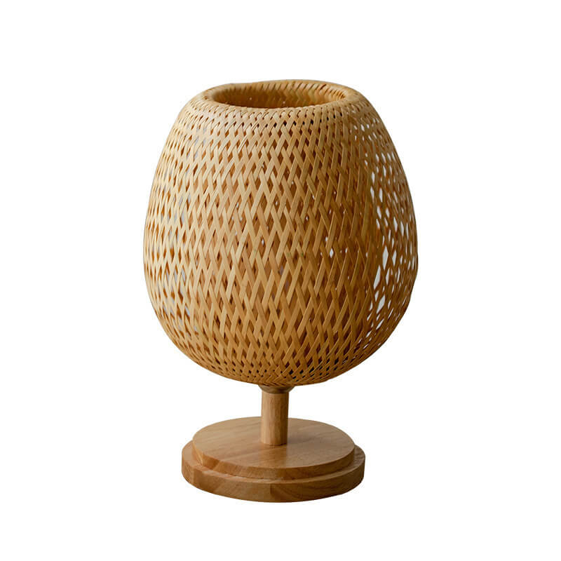 Traditional Chinese Moso Bamboo Wood Iron Weaving Oval Round 1-Light Table Lamp For Bedroom